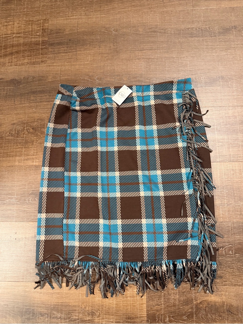 NWT Cato Plaid Wrap Skirt Fringe Hem Brown Blue Plus Size 14/16W